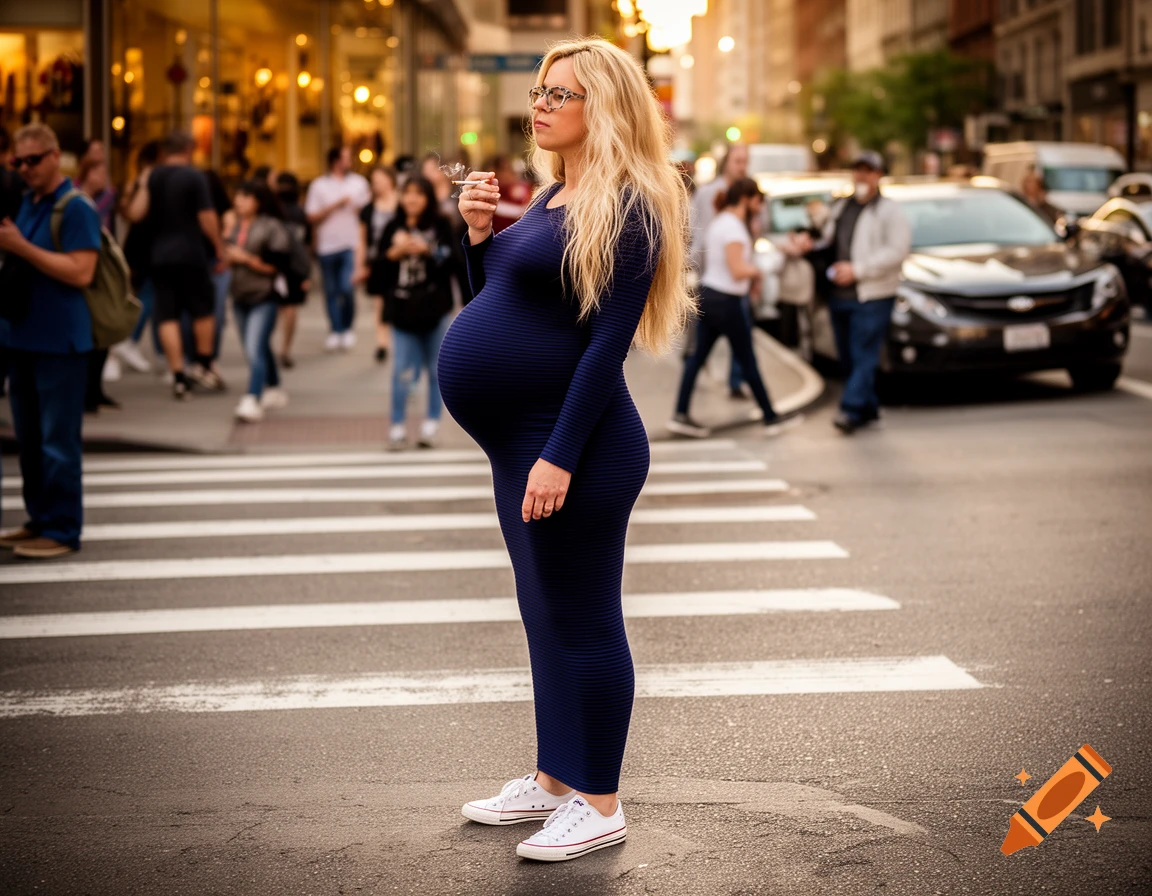 Heavily pregnant woman with blonde hair and glasses smoking a cigarette while standing on a city crosswalk.
