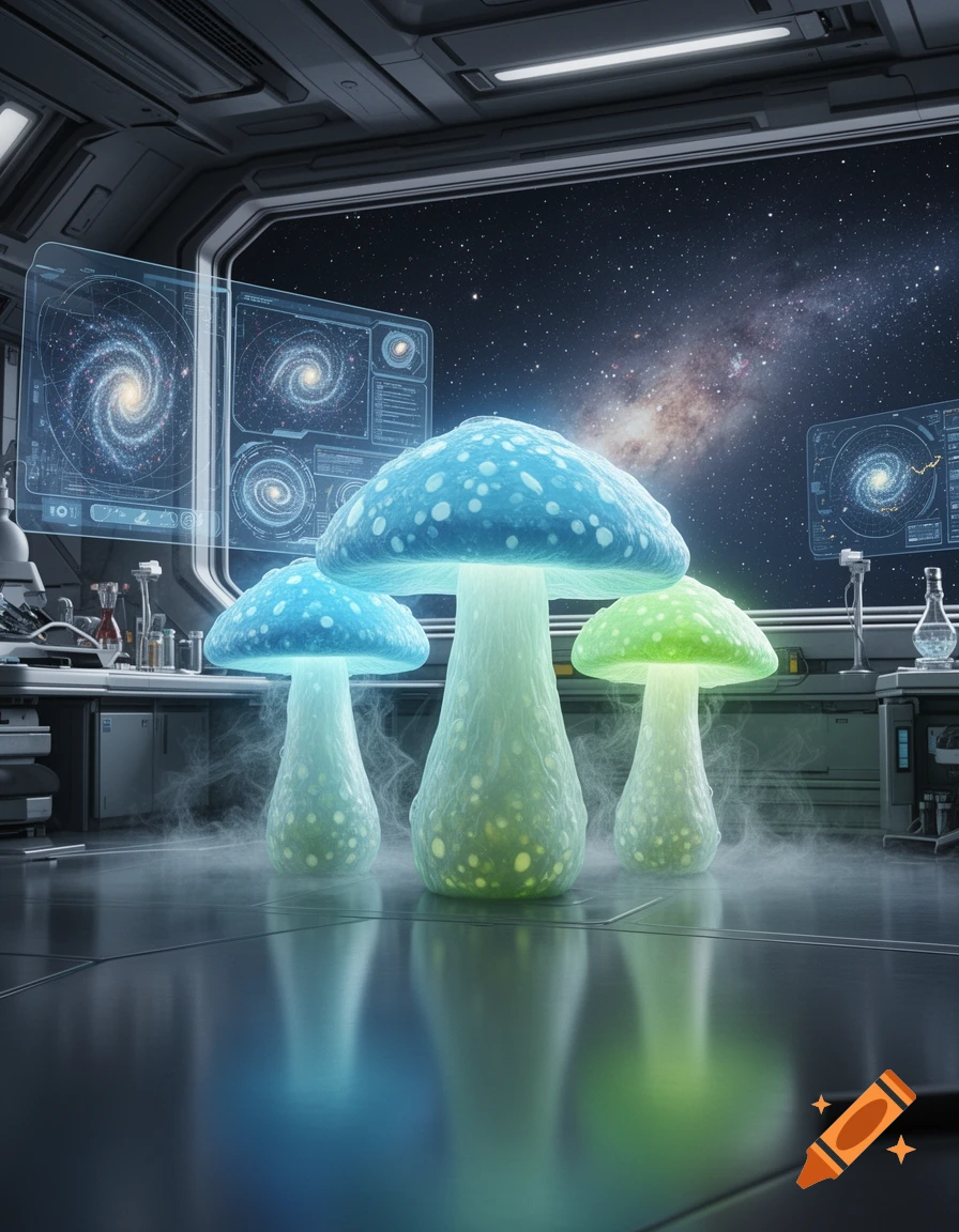 A futuristic lab with glowing blue and green mushrooms on the floor, looking out a window at a starry space and galaxies on holographic screens.