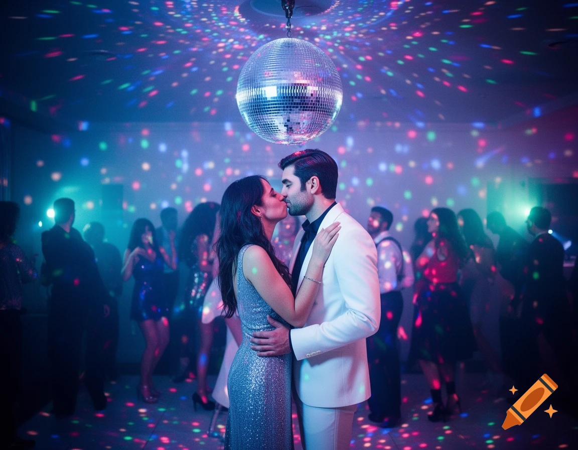 A couple kisses under a sparkling disco ball, surrounded by colorful lights and blurry partygoers in a vibrant nightclub, photorealistic.