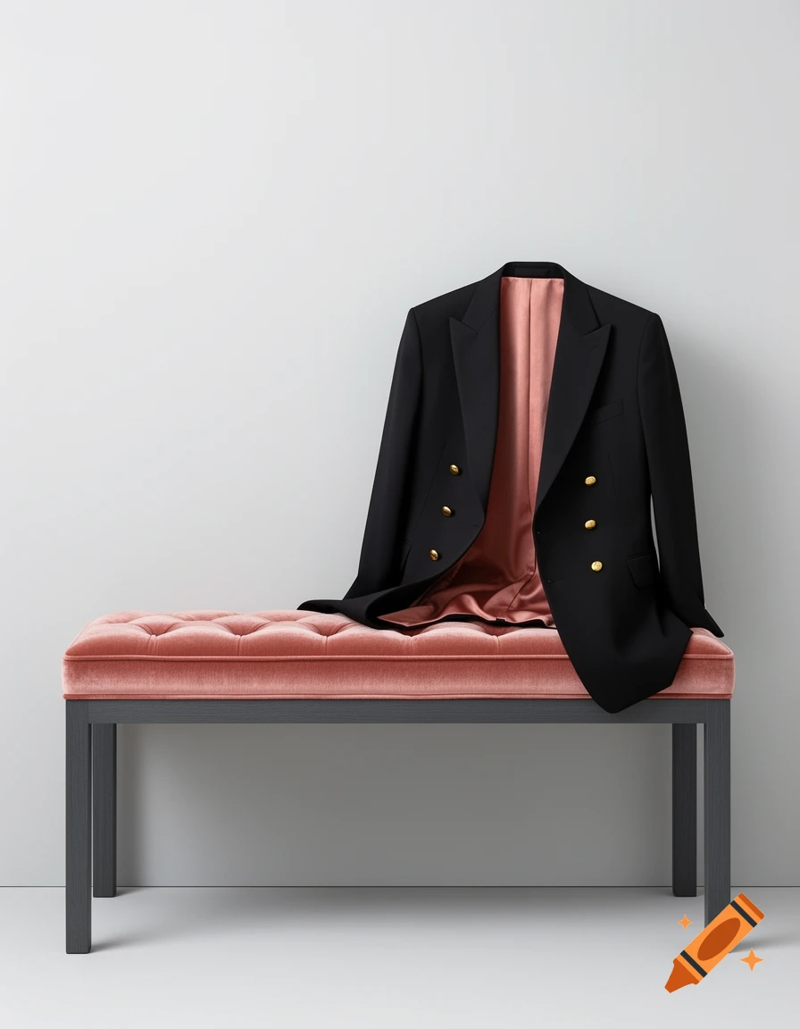 A black double-breasted blazer with gold buttons and pink lining draped on a tufted salmon-pink velvet bench.