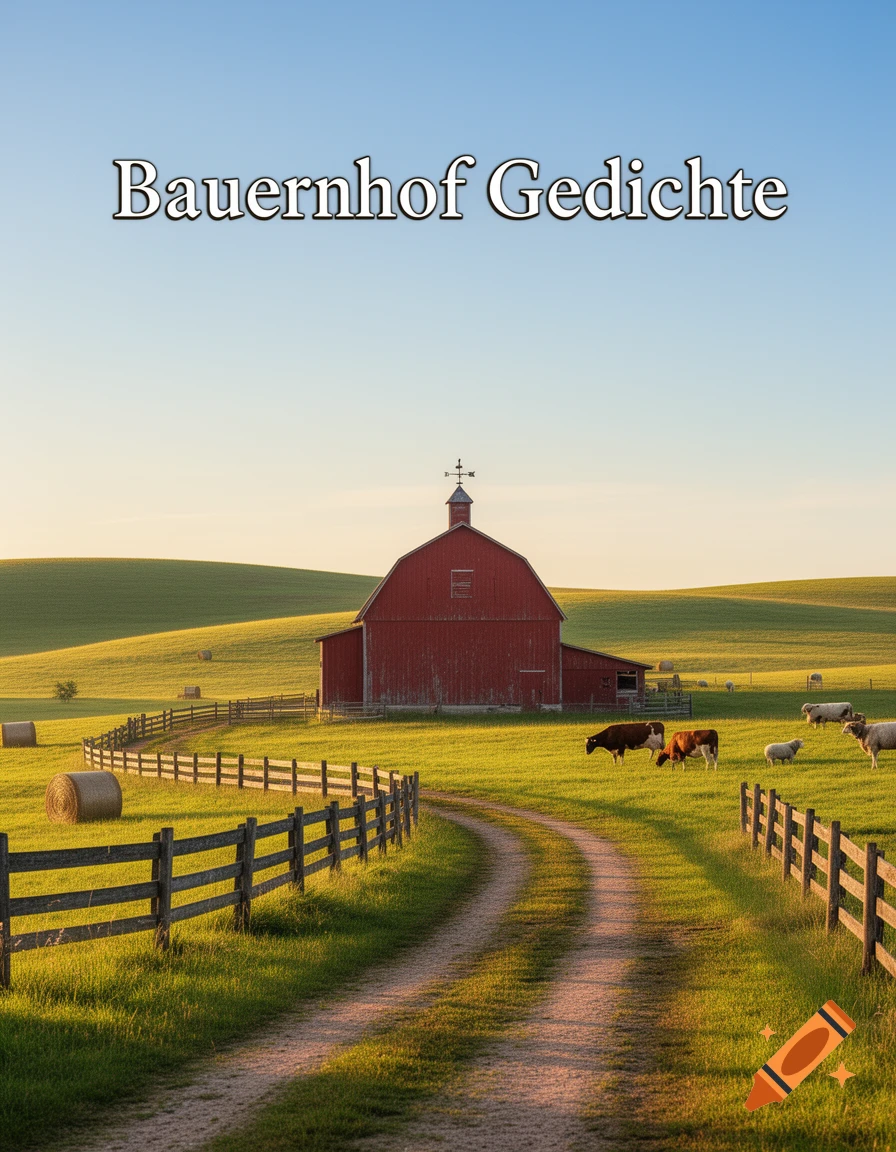 Photorealistic image of a red barn in a green hilly farm field with a dirt road, fences, hay bales, cows, and sheep under a clear sky. Text reads 'Bauernhof Gedichte'.