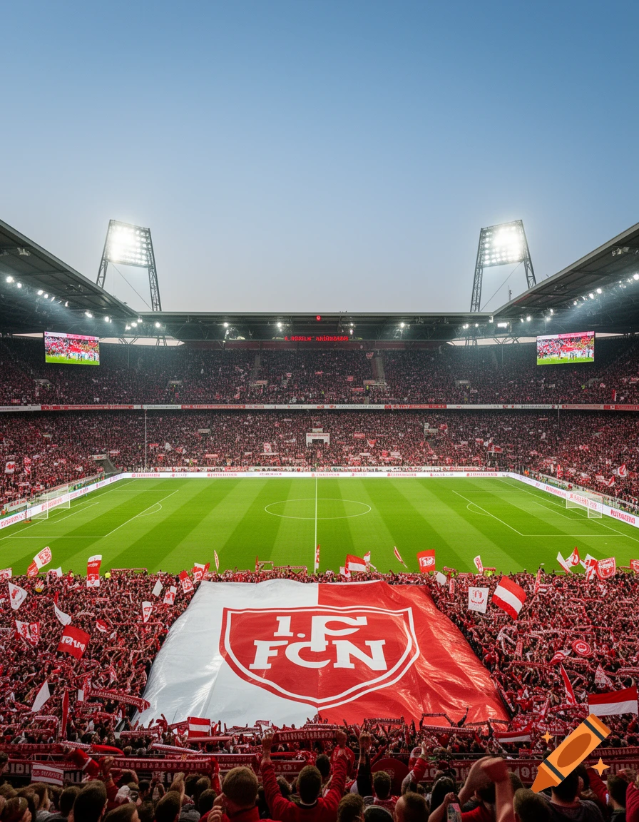 A photorealistic image of a crowded football stadium filled with cheering fans holding flags and a large red and white '1. FCN' banner.