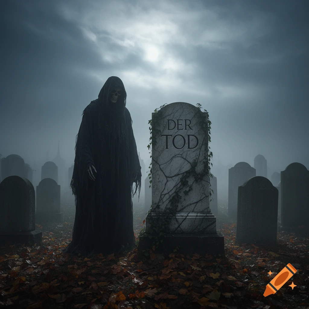 A cloaked Grim Reaper stands next to a tombstone marked 'DER TOD' in a foggy, dark graveyard, in a photorealistic, atmospheric style.