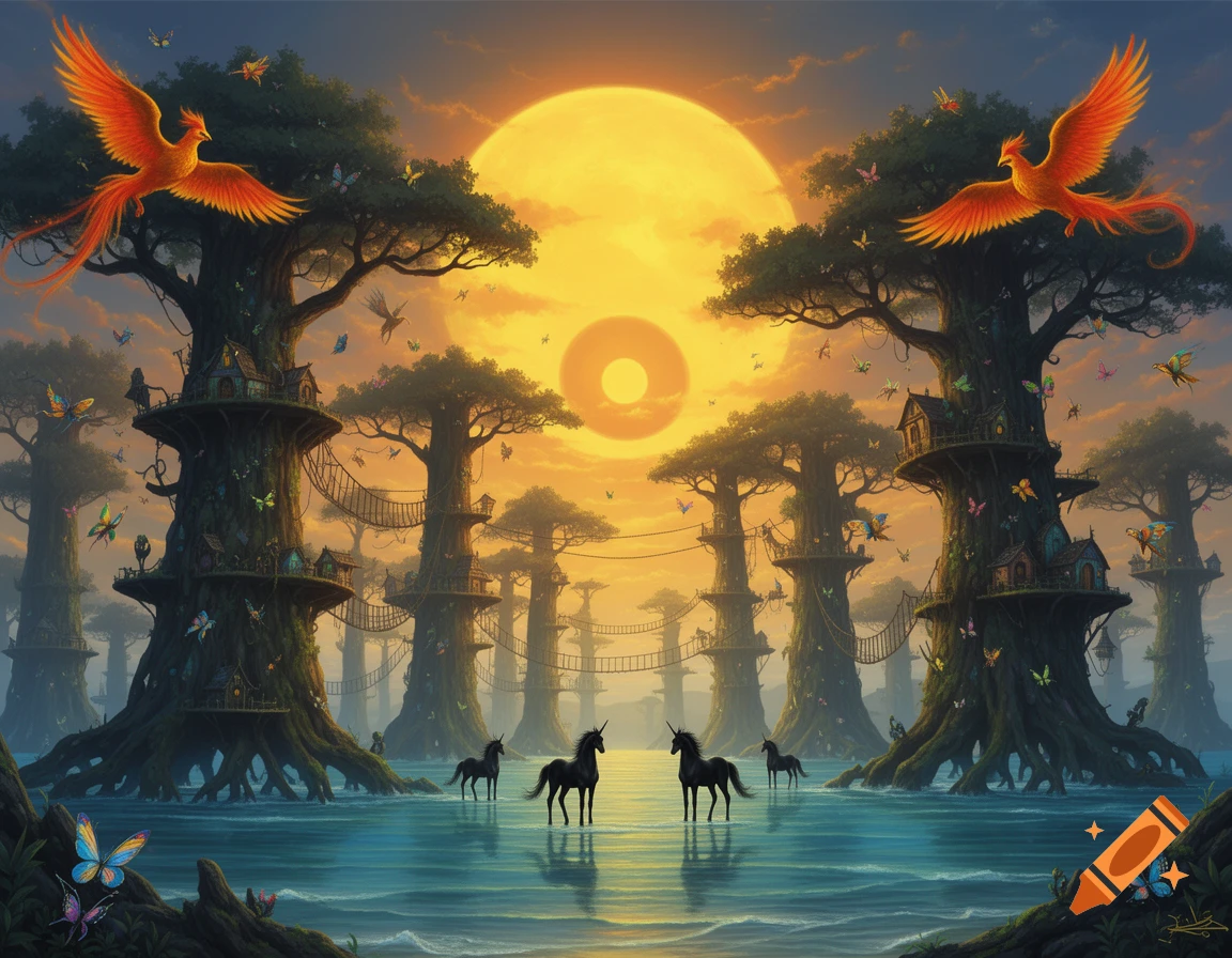 Fantasy landscape with tall trees and treehouses on platforms, connected by bridges over water. Black unicorns stand in the water as phoenixes fly under a large, glowing sun.