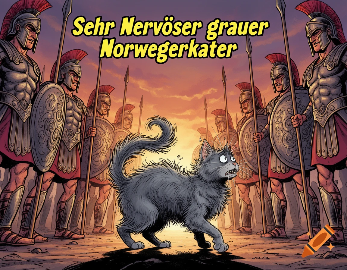 A comic-style image of a very nervous, fluffy gray Norwegian forest cat with a puffed tail standing on tiptoes before a line of armored Roman soldiers.