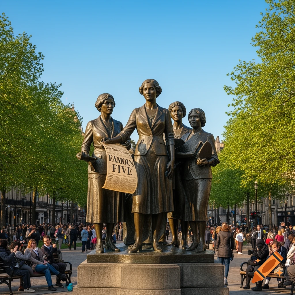 A bronze statue of five women, holding a newspaper, stands prominently in a sunny city park with trees and people.