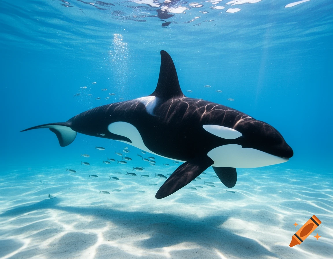 A majestic black and white orca swims underwater, surrounded by small fish, with sunlight filtering through the blue water onto the sandy bottom.