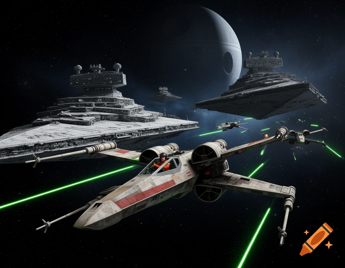 An X-wing fighter in the foreground fires green lasers during a Star Wars space battle, with Imperial Star Destroyers and the Death Star in the background.