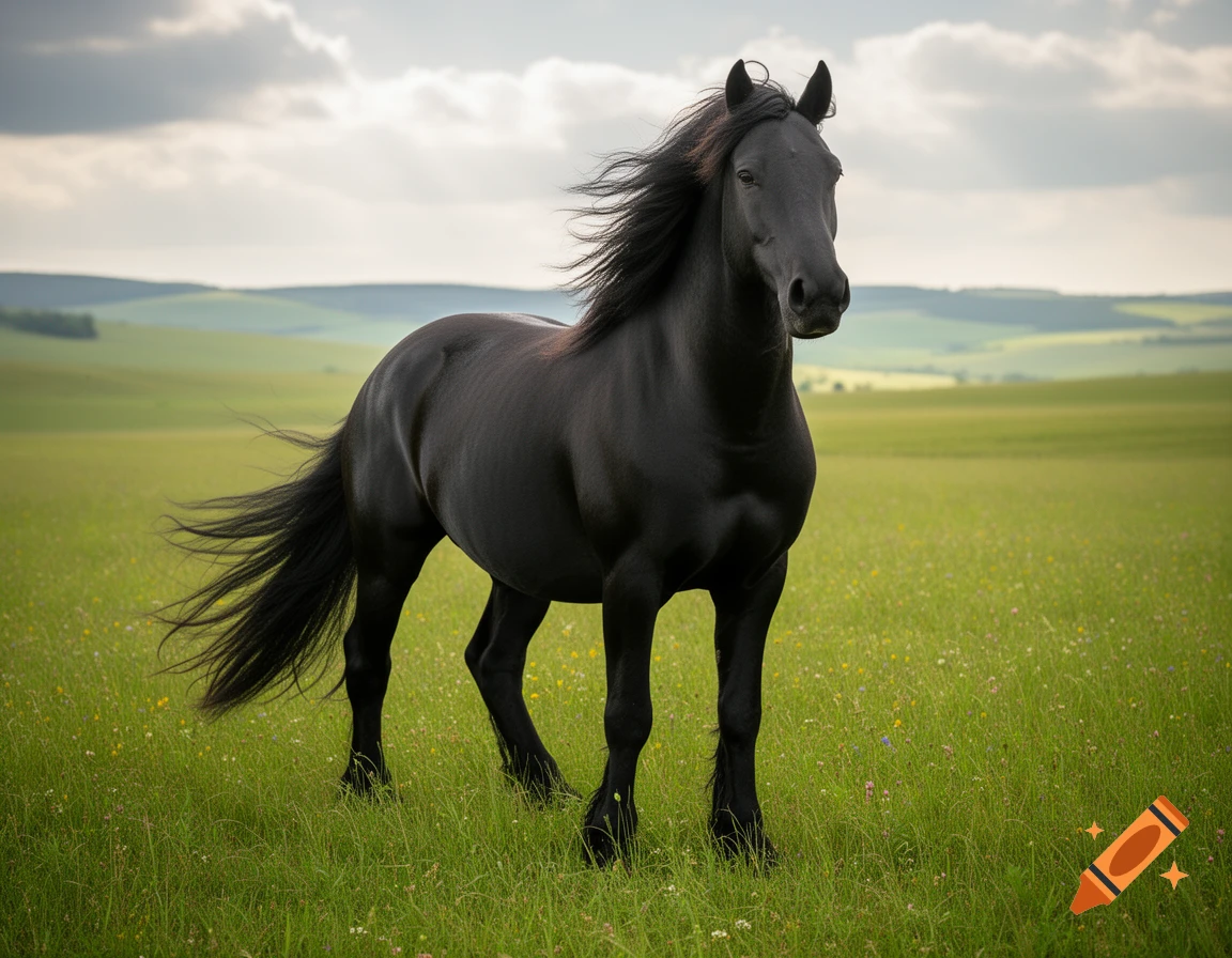 A majestic black horse with a flowing mane and tail stands in a vibrant green meadow under a cloudy sky.