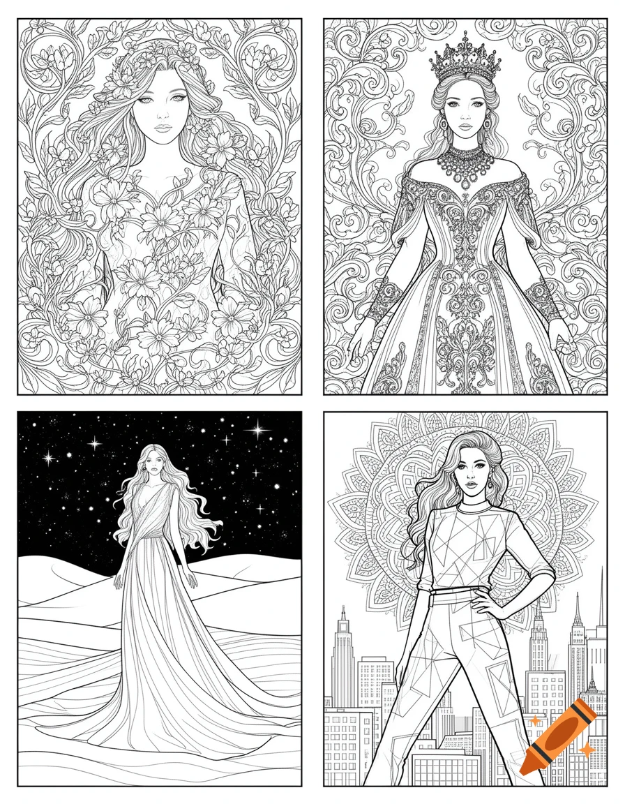 Four black and white line art coloring pages of women: a woman in floral patterns, a queen, a woman in a desert, and a woman in a modern outfit in a city.