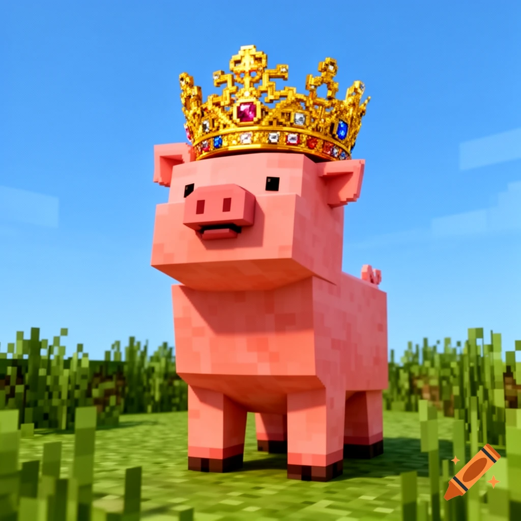 A blocky pink Minecraft pig wearing a golden jeweled crown stands in a grassy field under a blue sky.