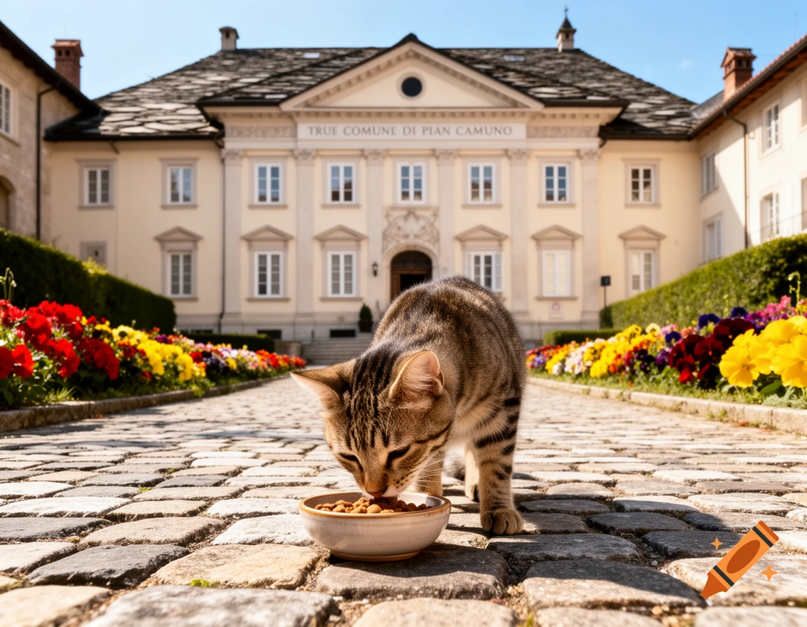 A tabby cat eats from a bowl on a cobblestone path, with a grand building and colorful flowers in the background.