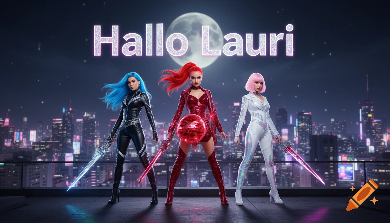 Three K-pop inspired warrior women in futuristic outfits with glowing swords on a city rooftop at night with 'Hallo Lauri' text.