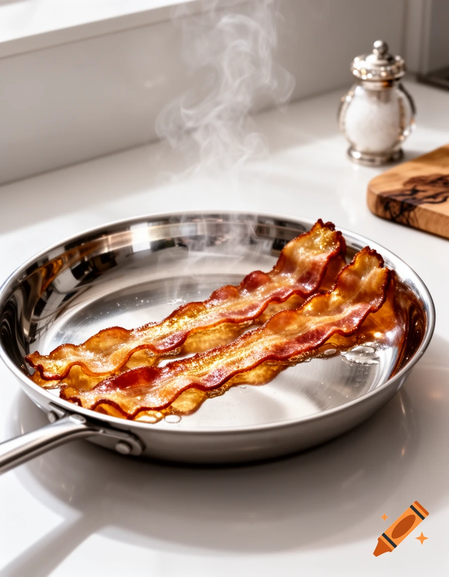 Crispy bacon sizzling in a stainless steel pan, with steam rising, on a white kitchen counter.