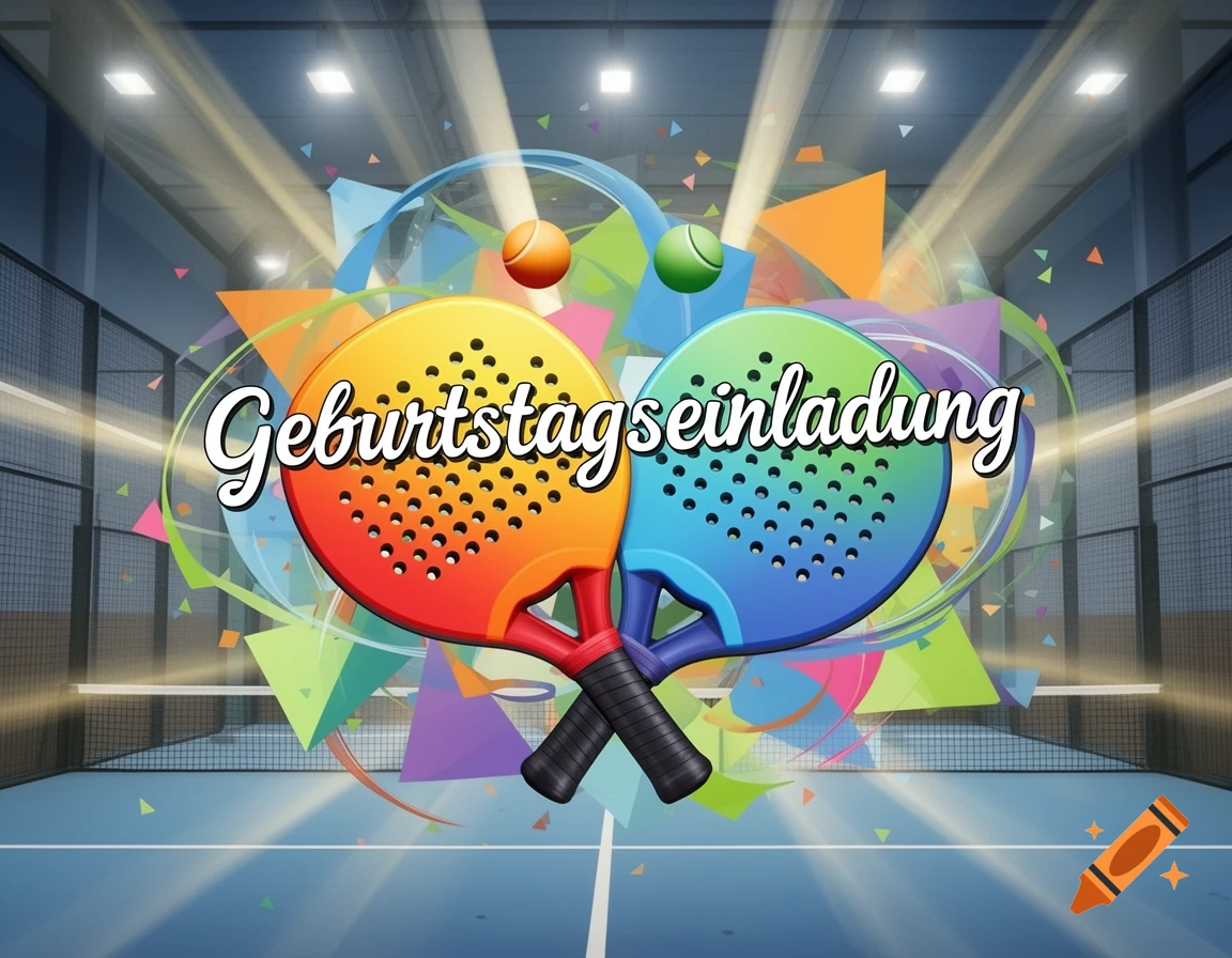 Colorful graphic of crossed paddle rackets, balls, and geometric shapes with "Geburtstagseinladung" text on a paddle court.