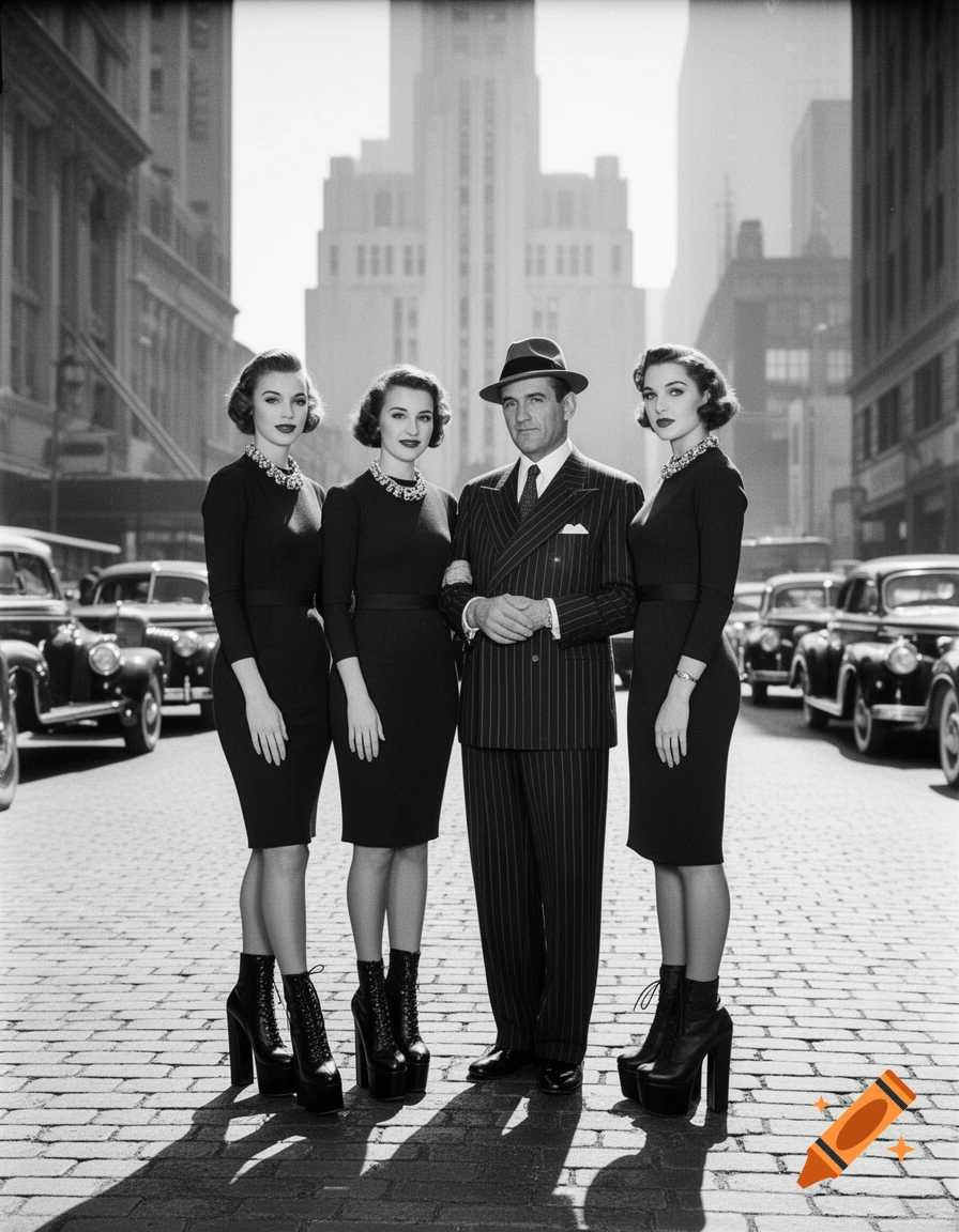 A black and white photo of a man in a pinstripe suit with three women in black dresses and very high platform boots, standing on a cobblestone street with classic cars and tall buildings in the background.
