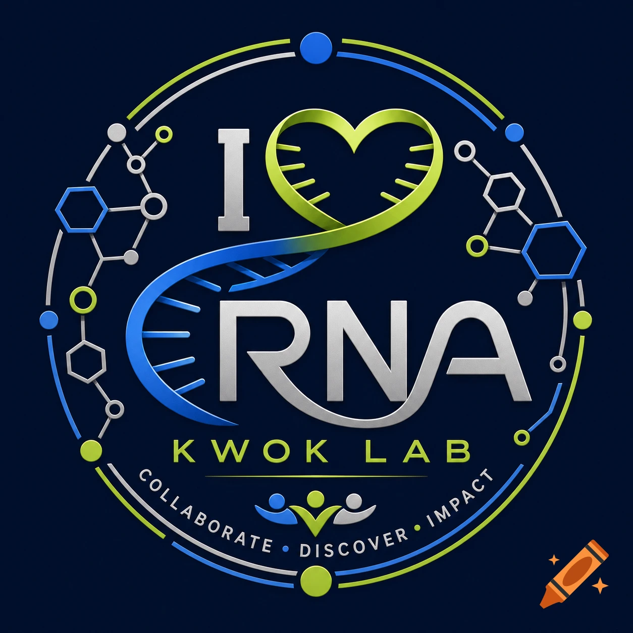 Logo for Kwok Lab with 'I love RNA' in a circular design featuring a double helix, heart, and molecular structures on a dark background.