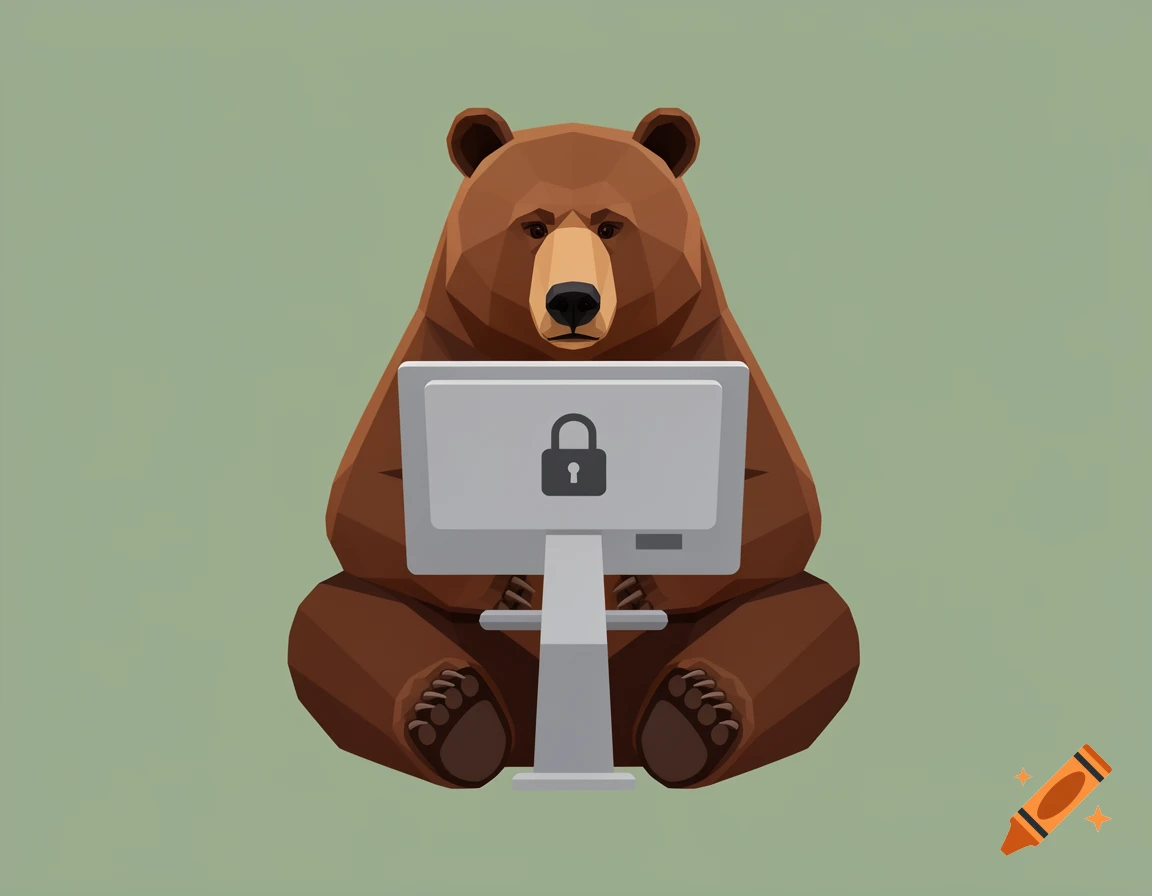 A low-poly grizzly bear sits, looking at a computer screen displaying a padlock icon.
