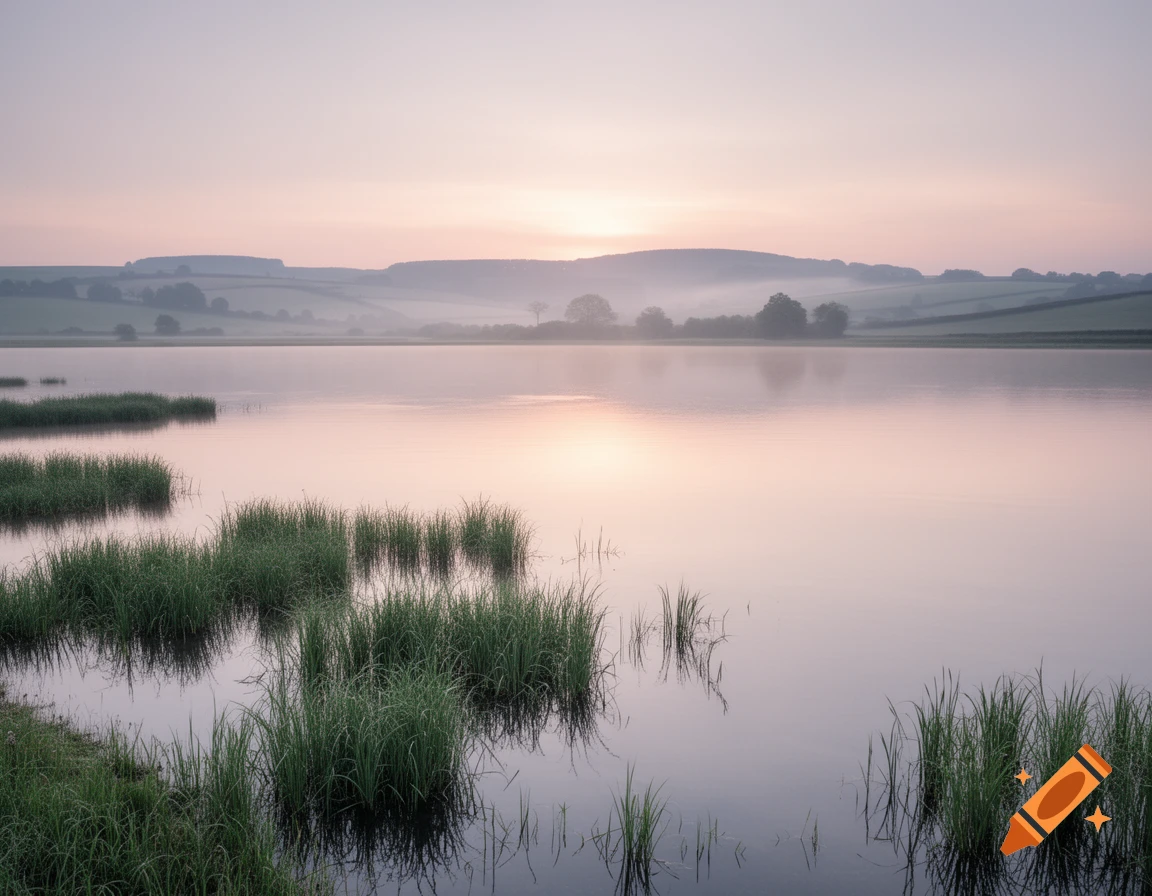 A serene lake at dawn with soft pink and purple light reflecting on the water, mist over distant rolling hills, and green reeds in the foreground.
