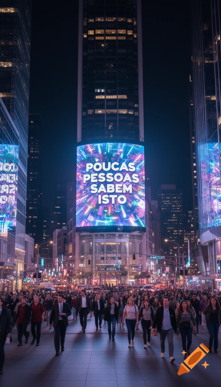 Crowded city street at night with skyscrapers and a large LED screen displaying "POUCAS PESSOAS SABEM ISTO".
