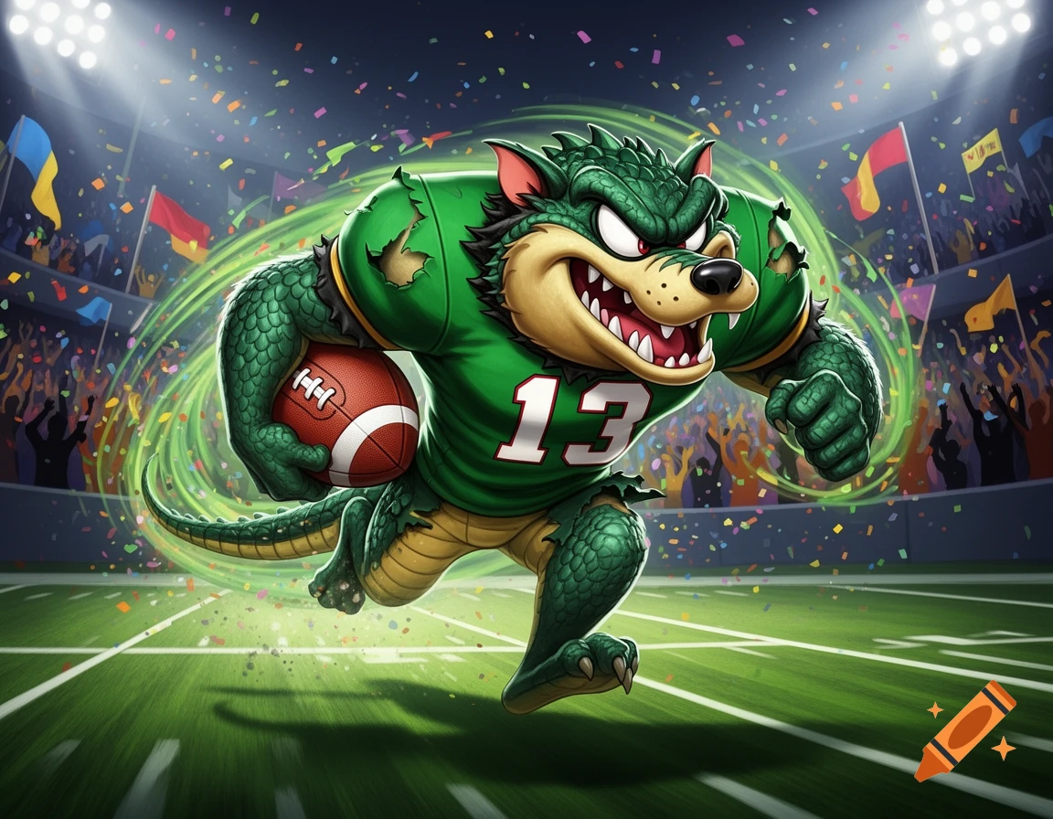 A fierce green scaly wolf-gator hybrid in a ripped football jersey with '13' on it, carrying a football on a stadium field.