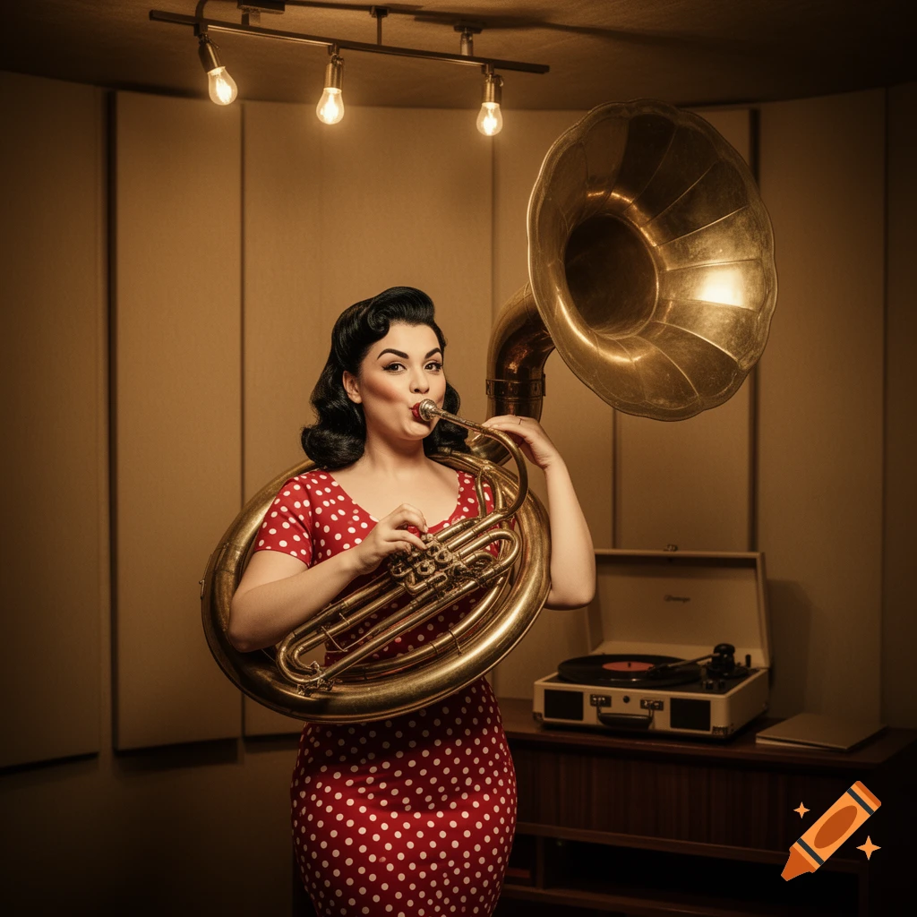 A retro pin-up woman in a red polka-dot dress plays a large golden sousaphone in a vintage recording studio.