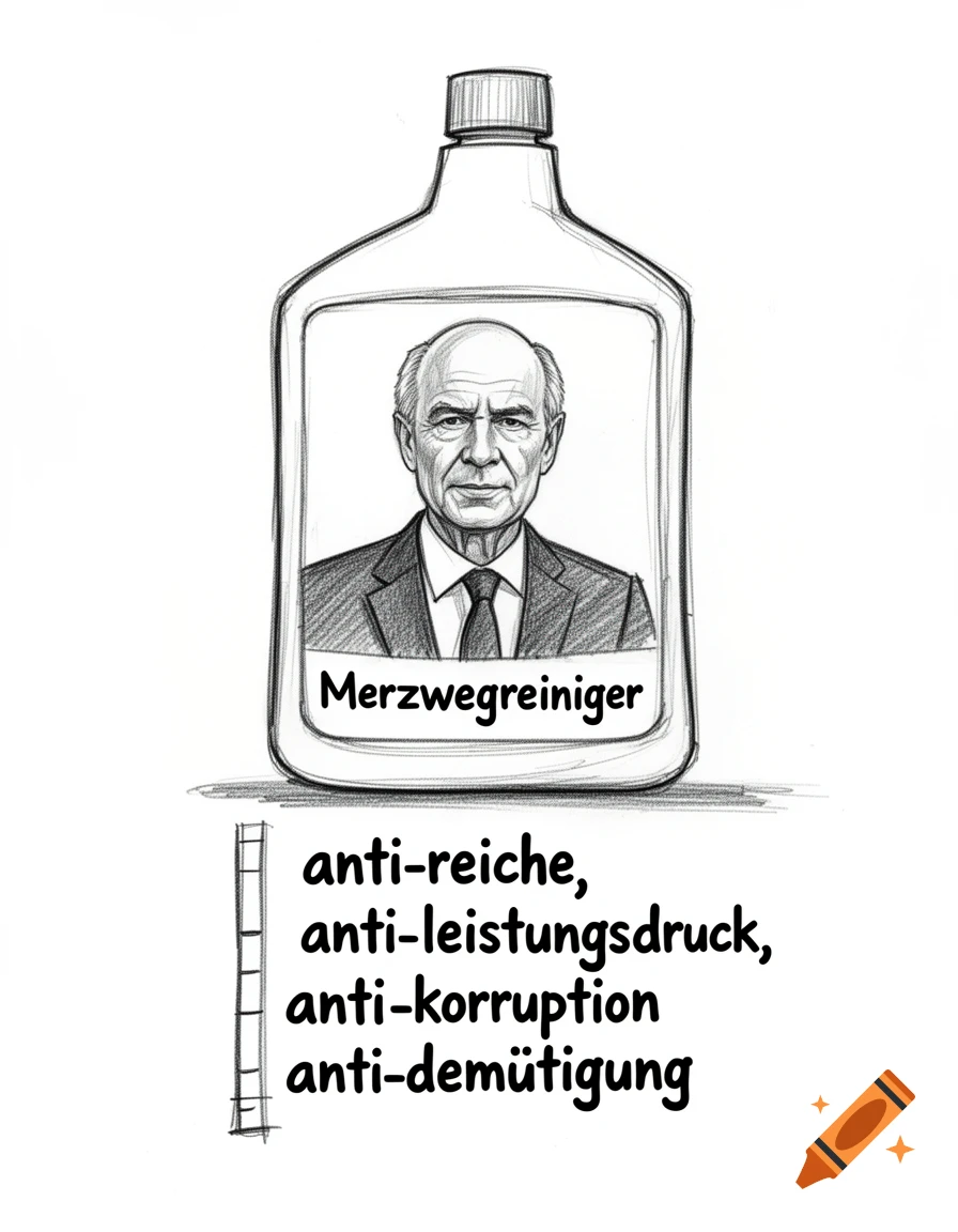 Pencil sketch of a cleaning bottle featuring a bald man's caricature, labeled "Merzwegreiniger" and "anti-reiche, anti-leistungsdruck, anti-korruption, anti-demütigung".