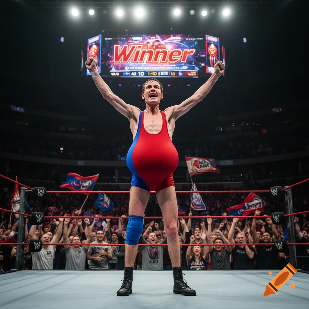 A skinny wrestler in a red and blue singlet with a comically large bulge raises his arms in a wrestling ring after winning, cheered by the crowd.