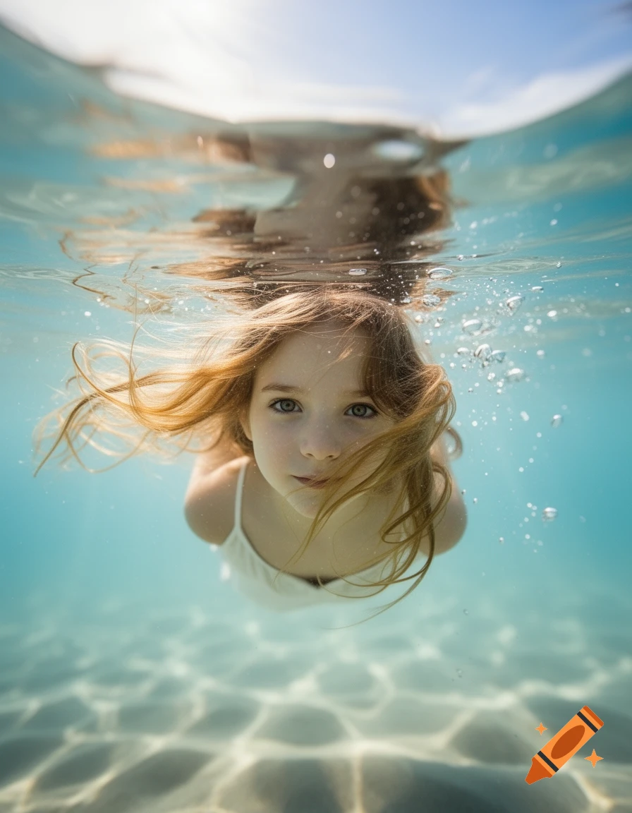 A young girl with long brown hair floats gracefully underwater, looking at the viewer. Sunlight filters from the surface onto the sandy bottom.