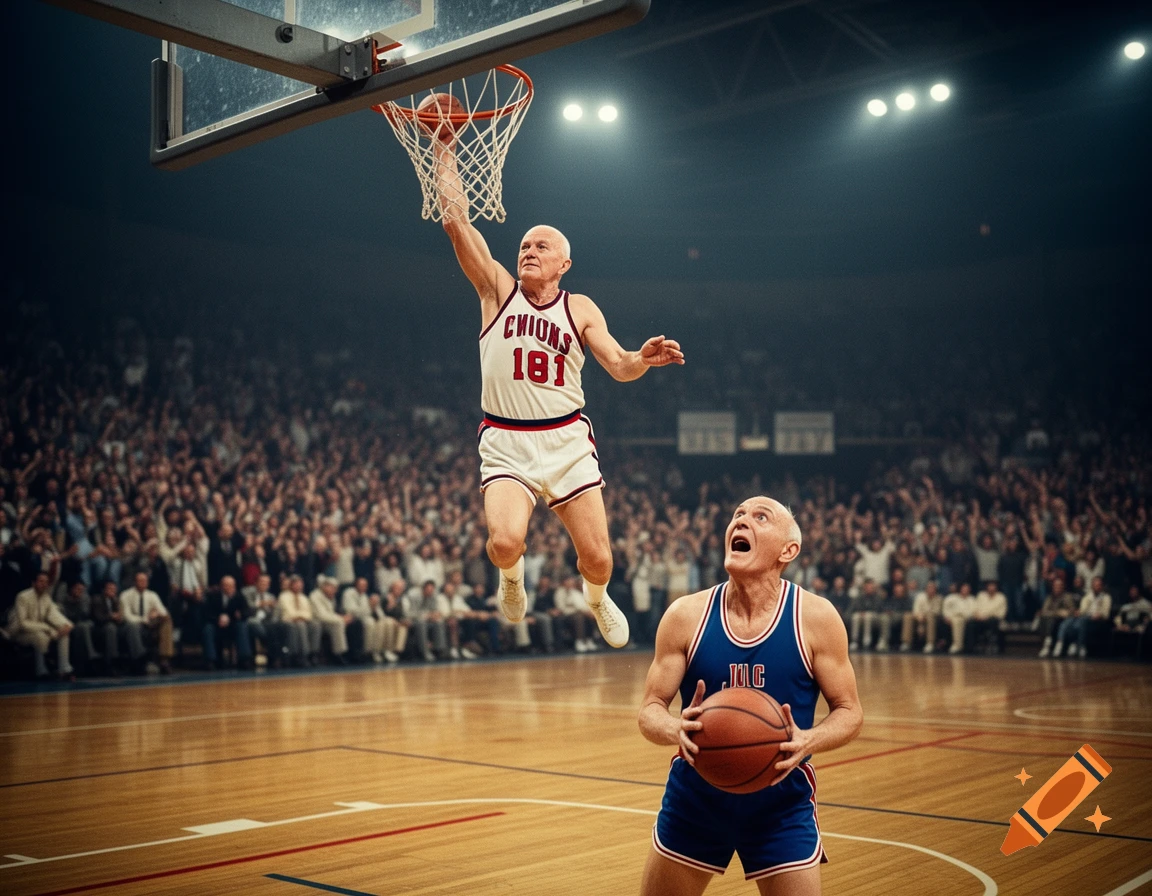 An elderly man in a white jersey dunks a basketball over another elderly man in a blue jersey on a court with a crowd watching.