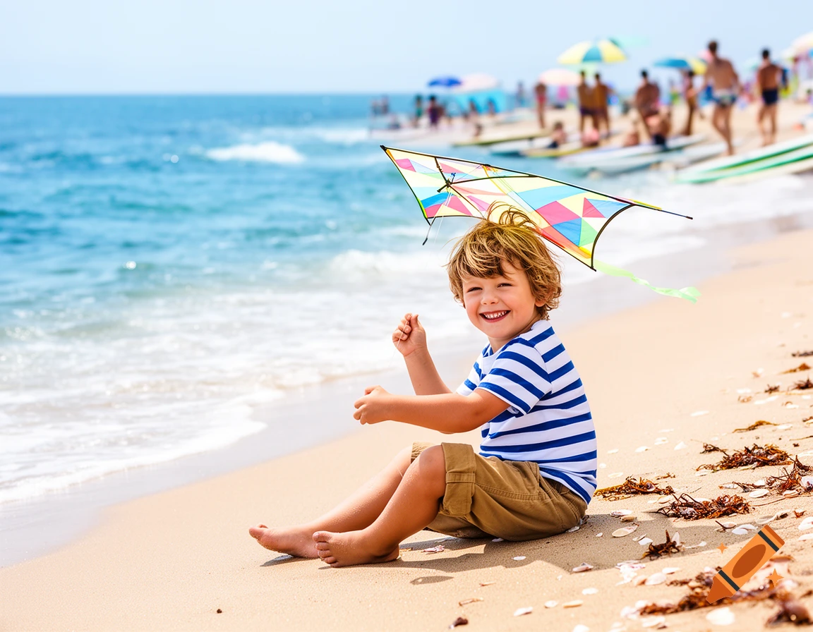 A smiling boy with a colorful kite on his head sits on a sandy beach, with ocean waves and people in the background.