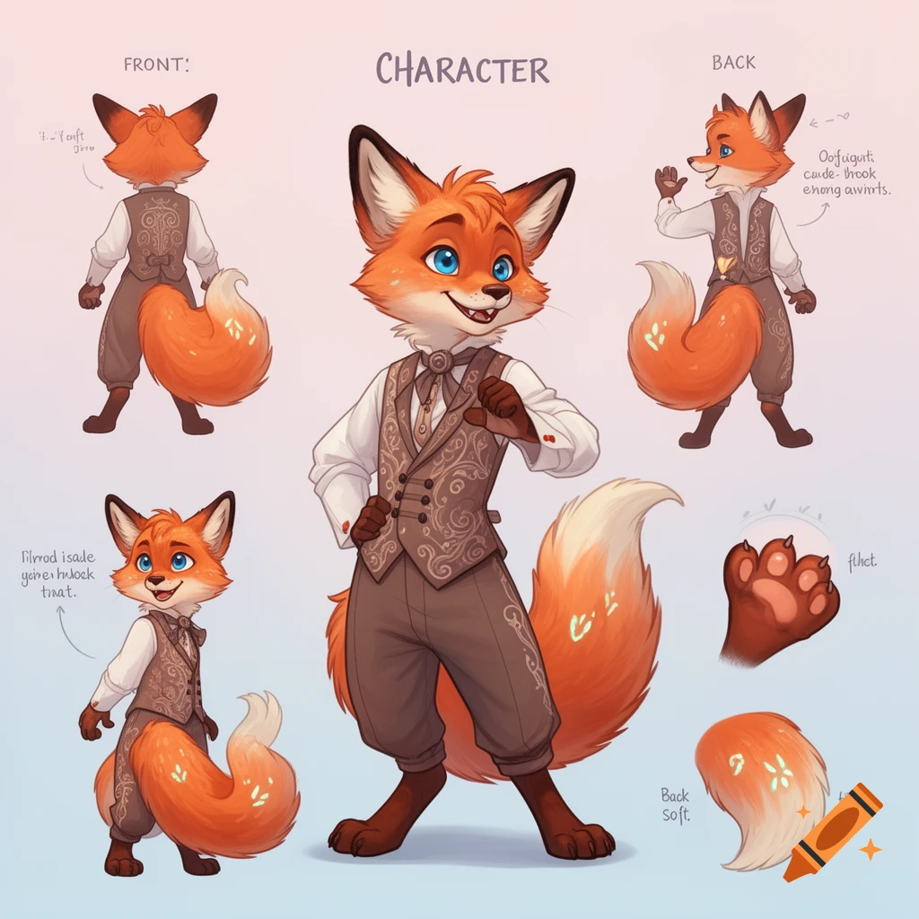 A character design sheet for an anthropomorphic orange fox in a waistcoat and knickers, showing front, back, and side views, along with details of its paw and tail.