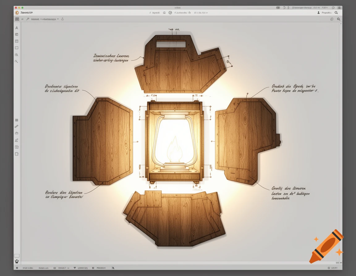 A technical drawing displays an exploded view of a wooden camping lantern with all its individual parts laid out on a blueprint.