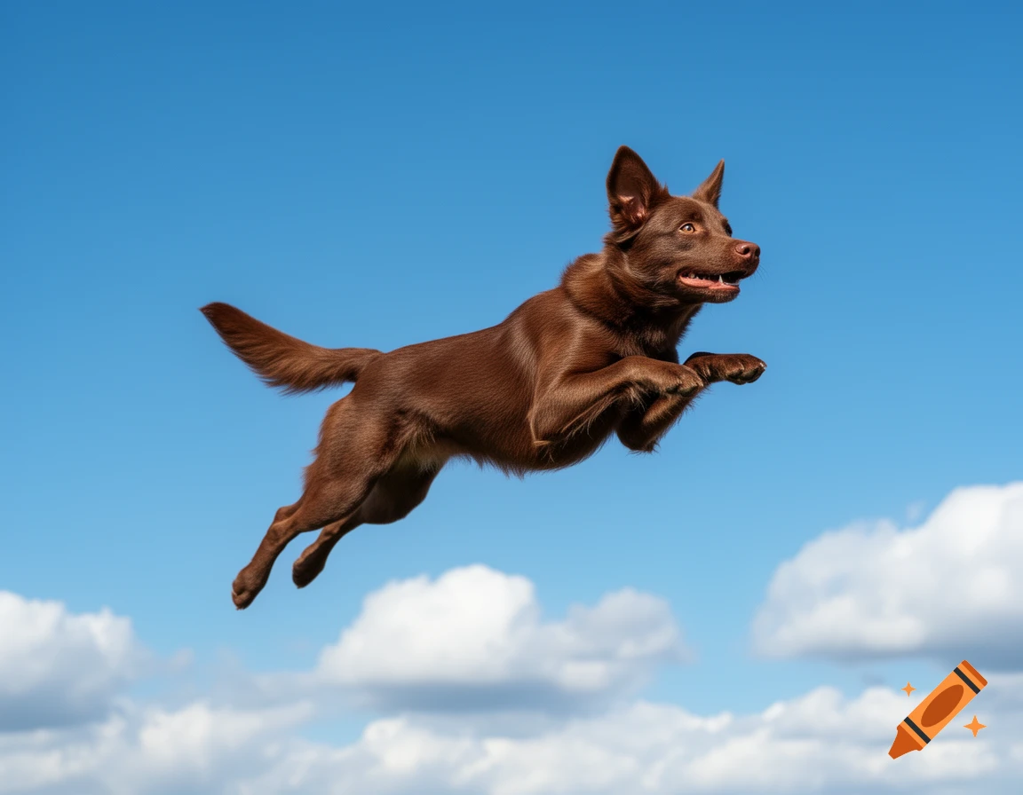 A brown dog leaps through a clear blue sky with white clouds, captured in a photorealistic style.
