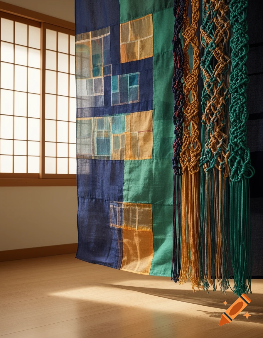 Korean textile artwork featuring pojagi patchwork, macrame, and meadup knots hanging in a sunlit room with a shoji screen.