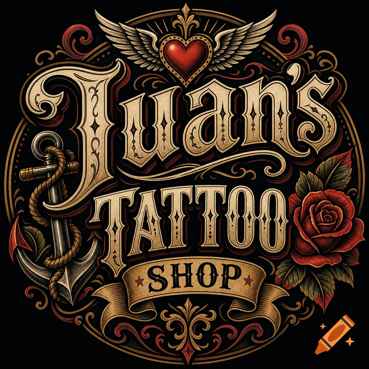 Vintage-style logo for "Juan's Tattoo Shop" featuring an anchor, a red rose, and a winged heart with ornate script.