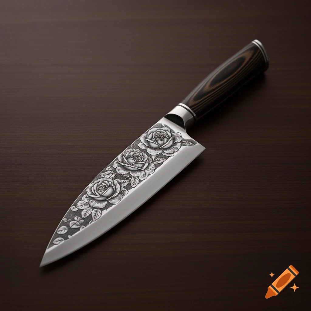 A photorealistic silver chef's knife with intricate rose engravings on the blade and a dark wood handle, on a dark wooden surface.
