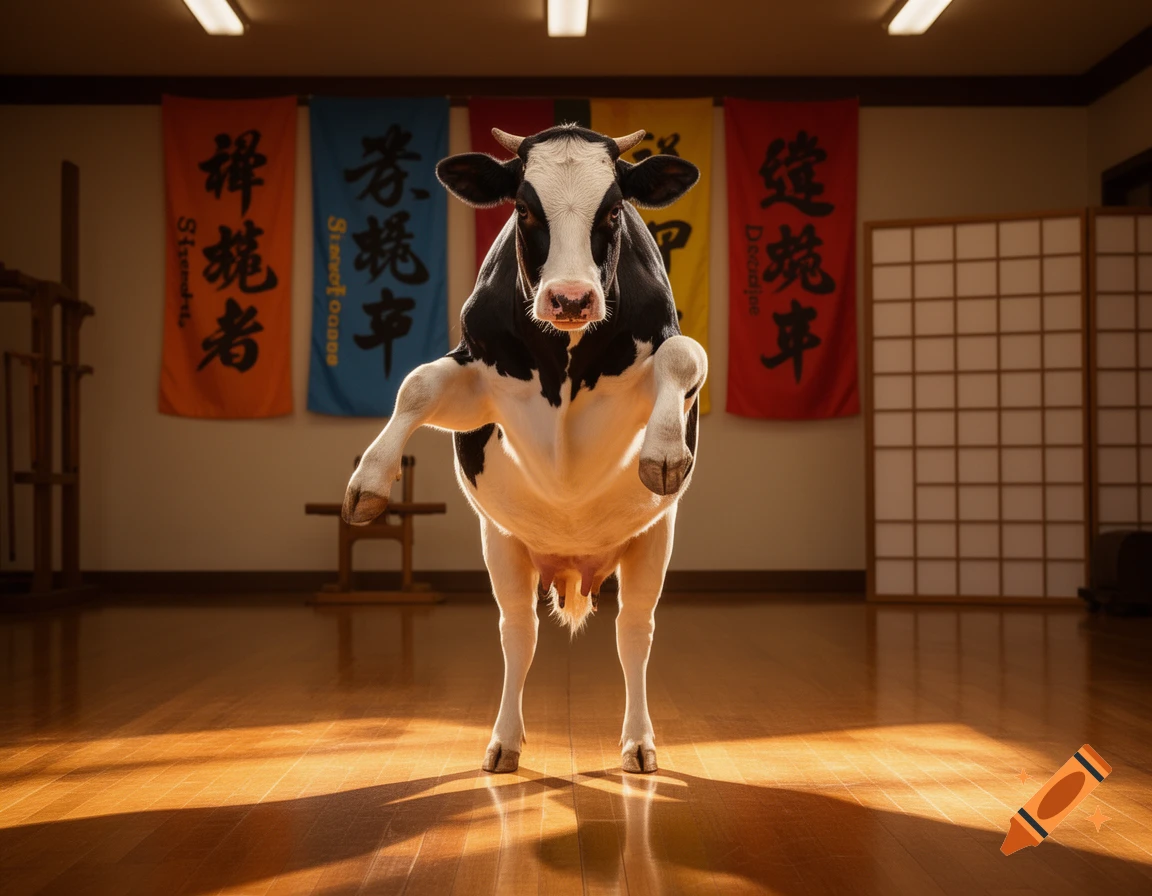 A photorealistic cow stands on its hind legs in a dojo, front hooves raised in a karate pose.