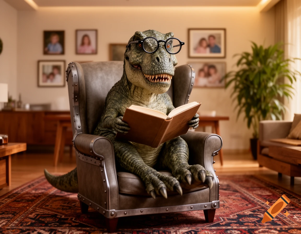 Photorealistic T-rex wearing glasses, sitting in a leather armchair, reading a book in a cozy living room.