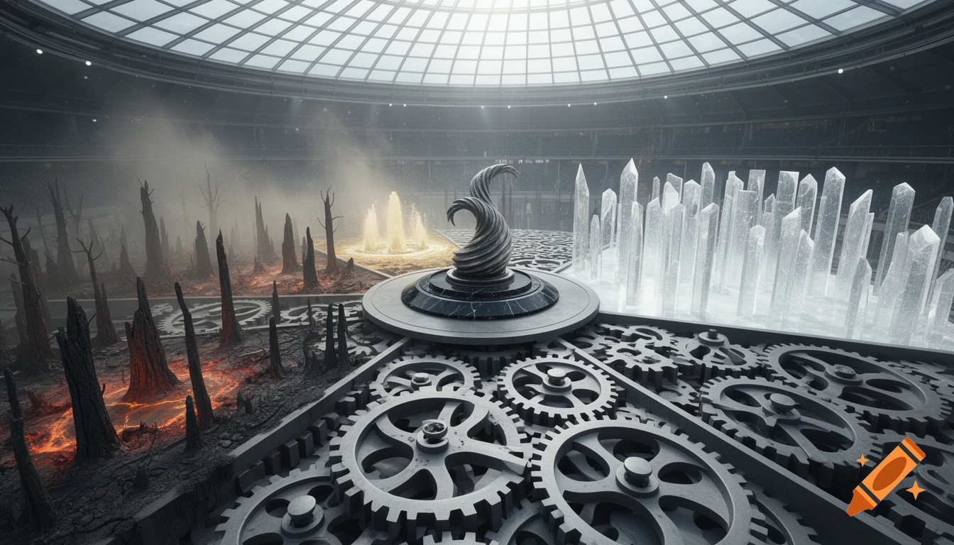 A large arena under a glass dome featuring a central sculpture, gears, a fiery ash forest, and glowing crystal shards.