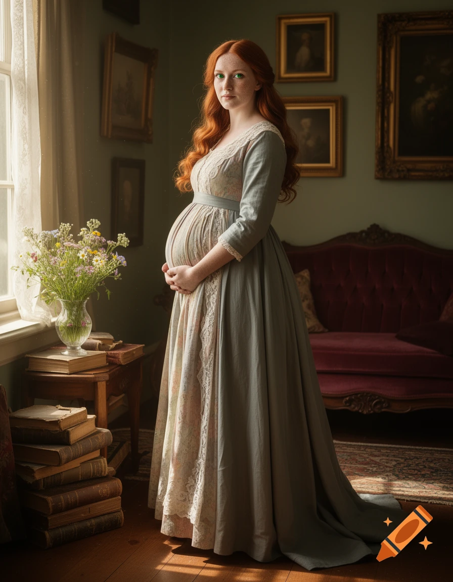 Photorealistic portrait of a pregnant woman with red hair and freckles in a blue historical dress, by a window in a period room.