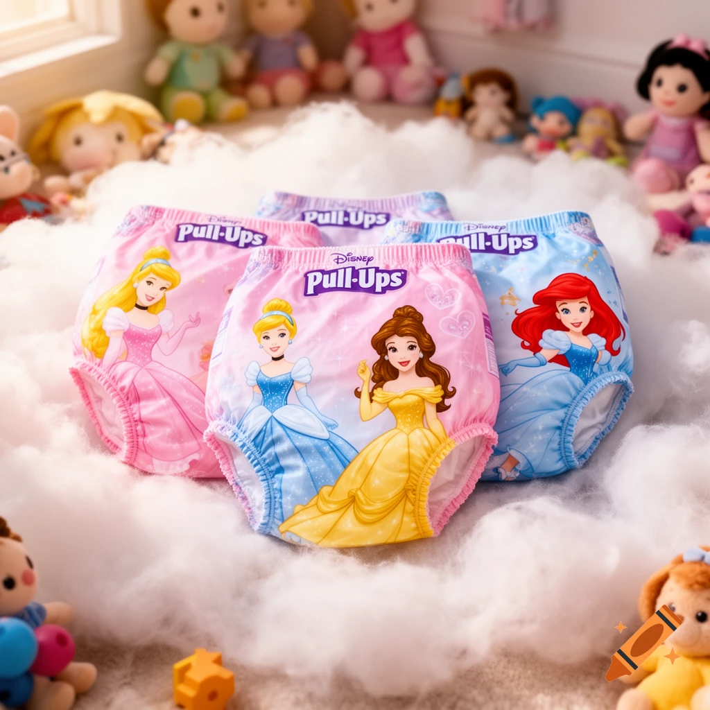Pink and blue Disney Princess Pull-Ups training pants, featuring Cinderella, Belle, Ariel, and Aurora, on a cloud-like surface with blurred dolls.