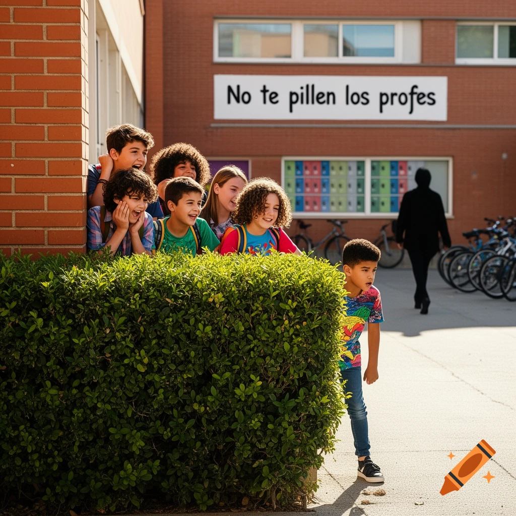 Children hiding behind a bush near a school building with a sign that reads 'No te pillen los profes'.
