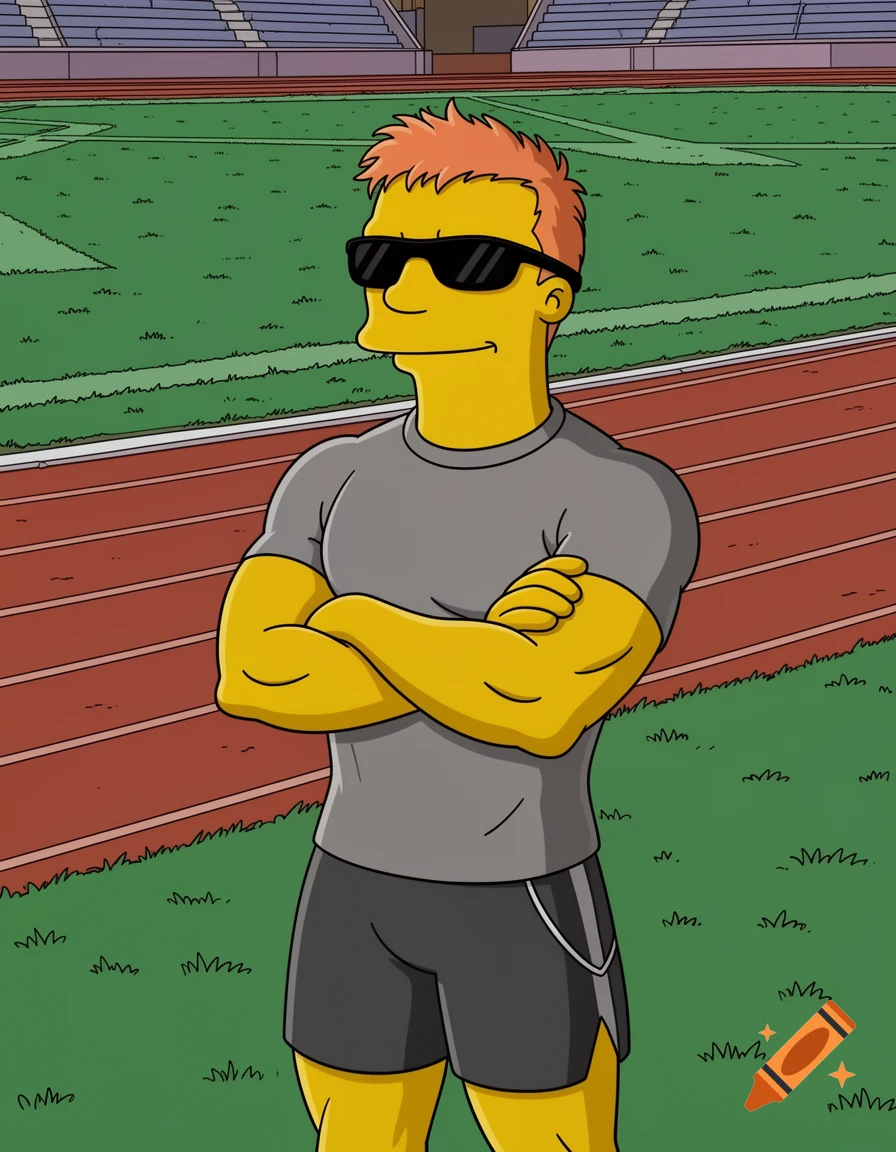 Simpsons style cartoon of an athletic man with yellow skin, strawberry blonde hair, and sunglasses, standing arms crossed in a running track stadium.