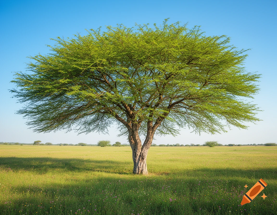 A large, green Siris tree stands prominently in a vast, sunlit grassy field beneath a clear blue sky, photorealistic.