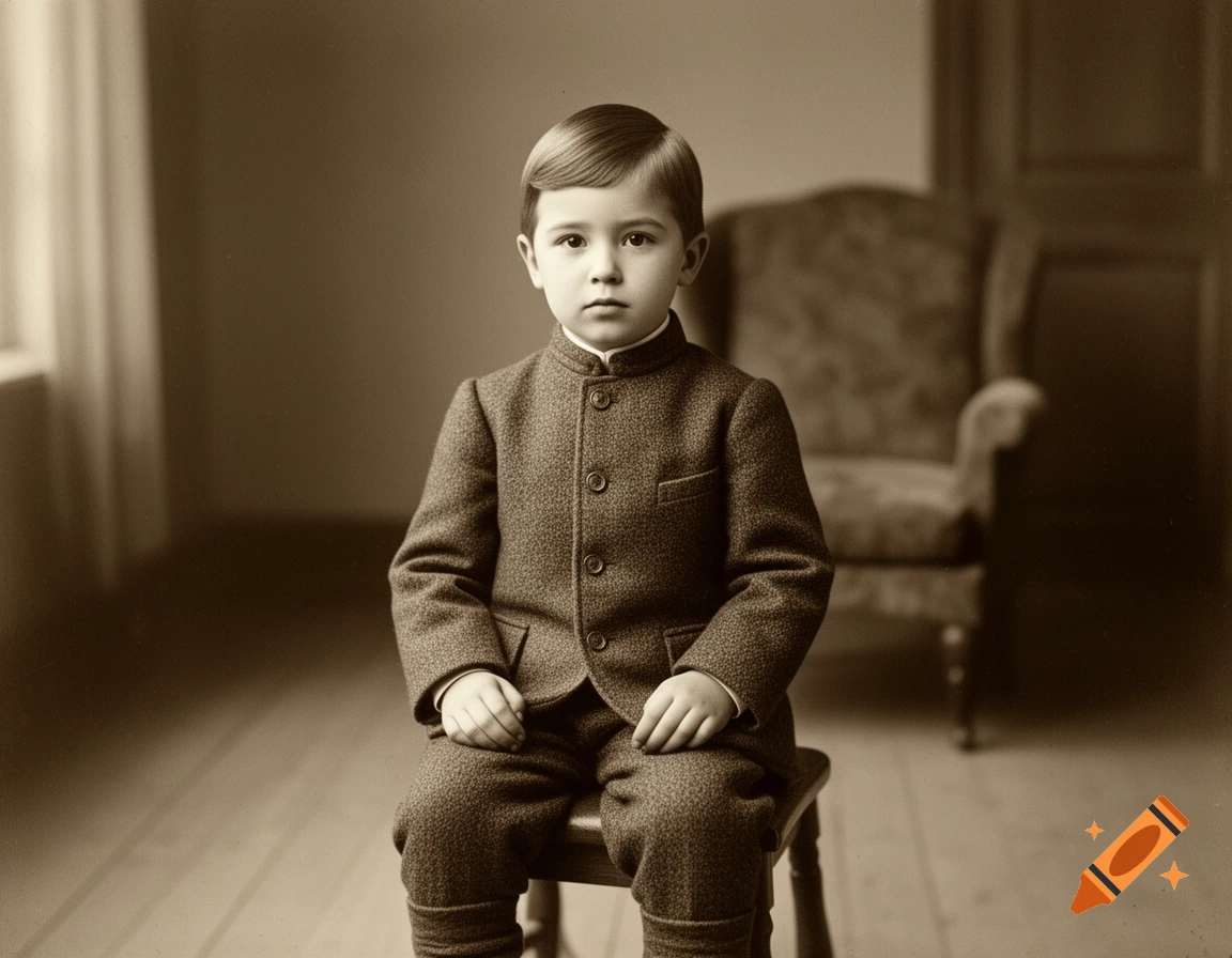 A sepia-toned vintage portrait of a young boy in a tweed suit, sitting on a stool in a room with a blurred armchair.