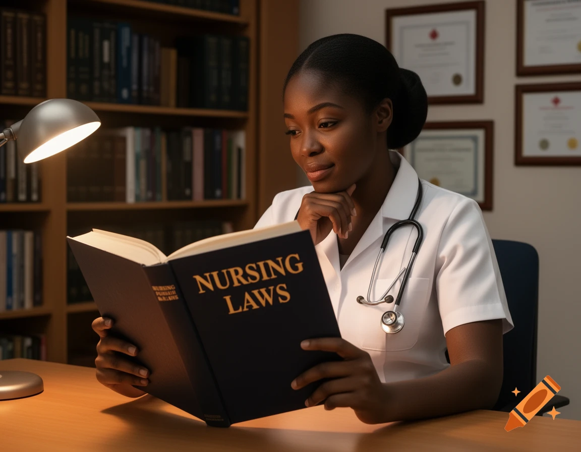A Black nurse in a white uniform and stethoscope reads a book titled 'NURSING LAWS' at a desk under a lamp in a library.