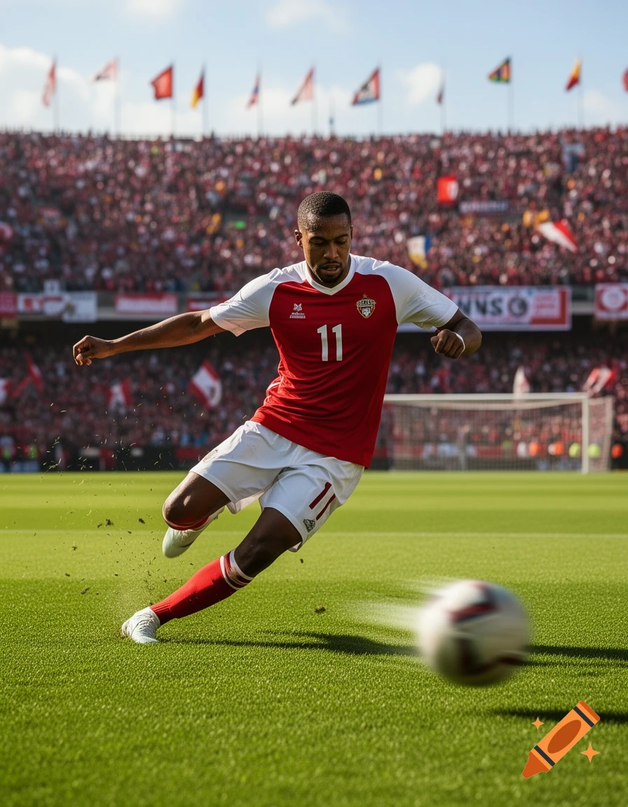 A male soccer player in a red and white jersey kicks a ball on a green field in a stadium full of spectators. Photorealistic.