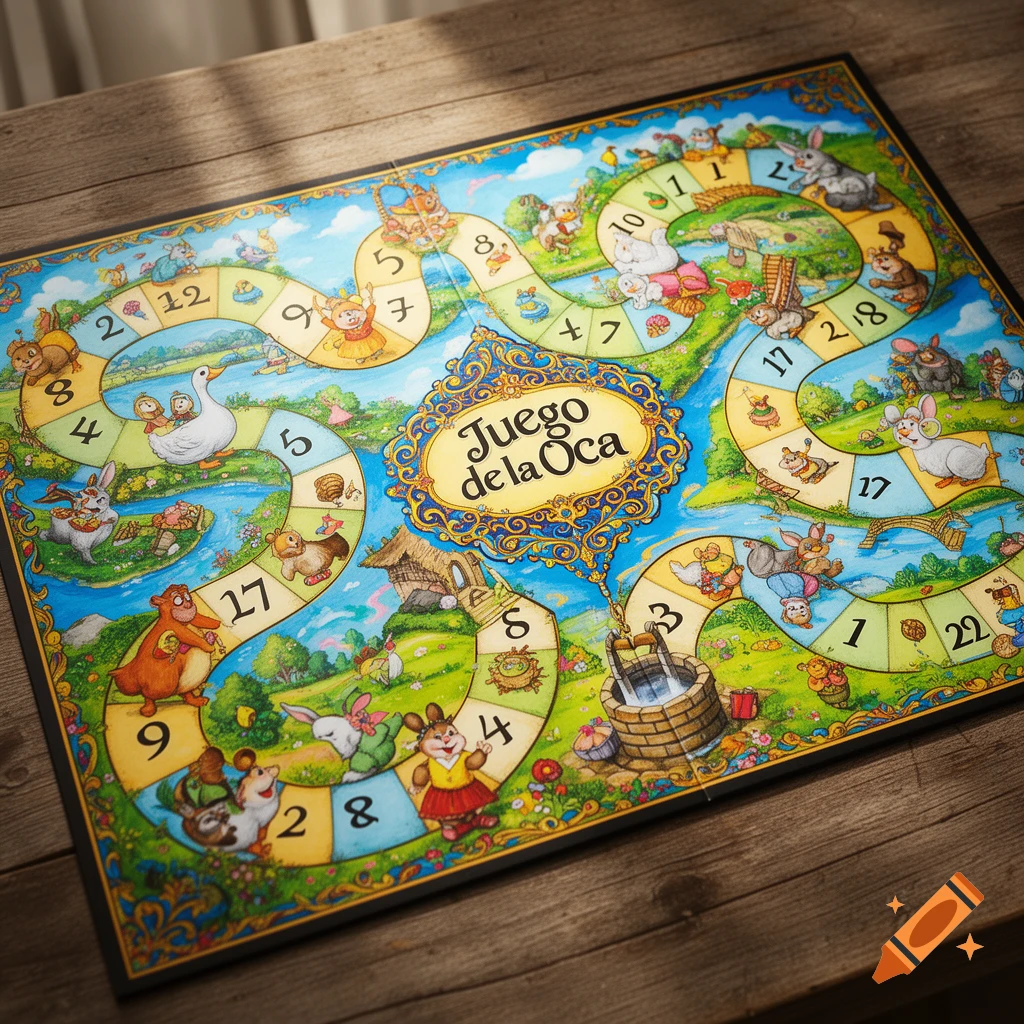 A colorful, detailed board game called 'Juego de la Oca' (Game of the Goose) with cartoon animals on a winding path, set on a wooden table.