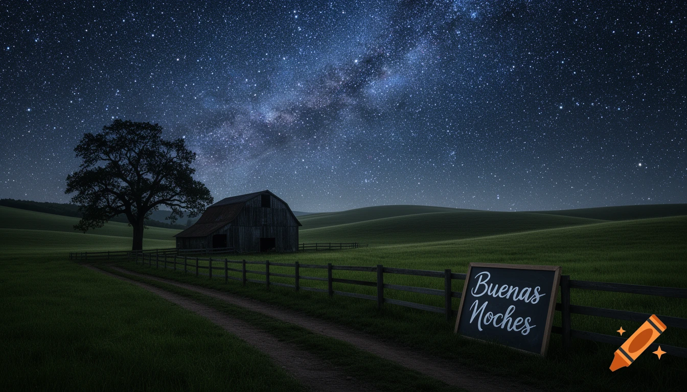 A starry night sky with the Milky Way over a rural landscape with a barn, a tree, and a sign reading "Buenas Noches".